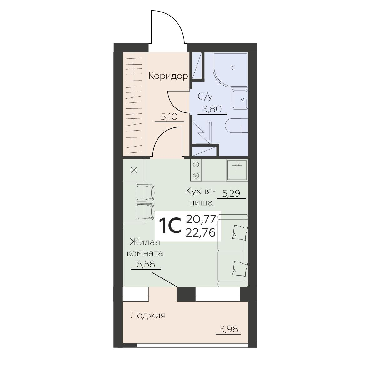 1-комнатная 22 м2 в ЖК Заря корпус null этаж 9