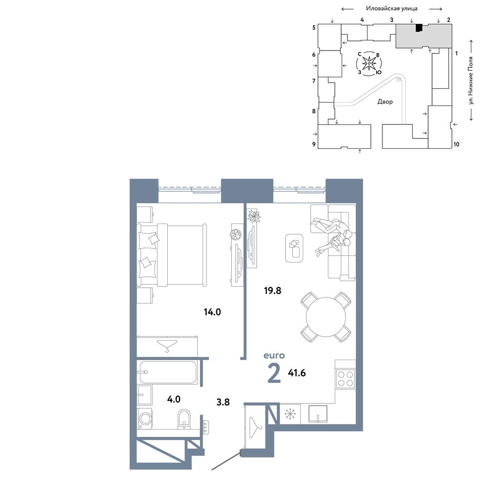2-комнатная 41 м2 в ЖК Страна.Заречная корпус null этаж 19