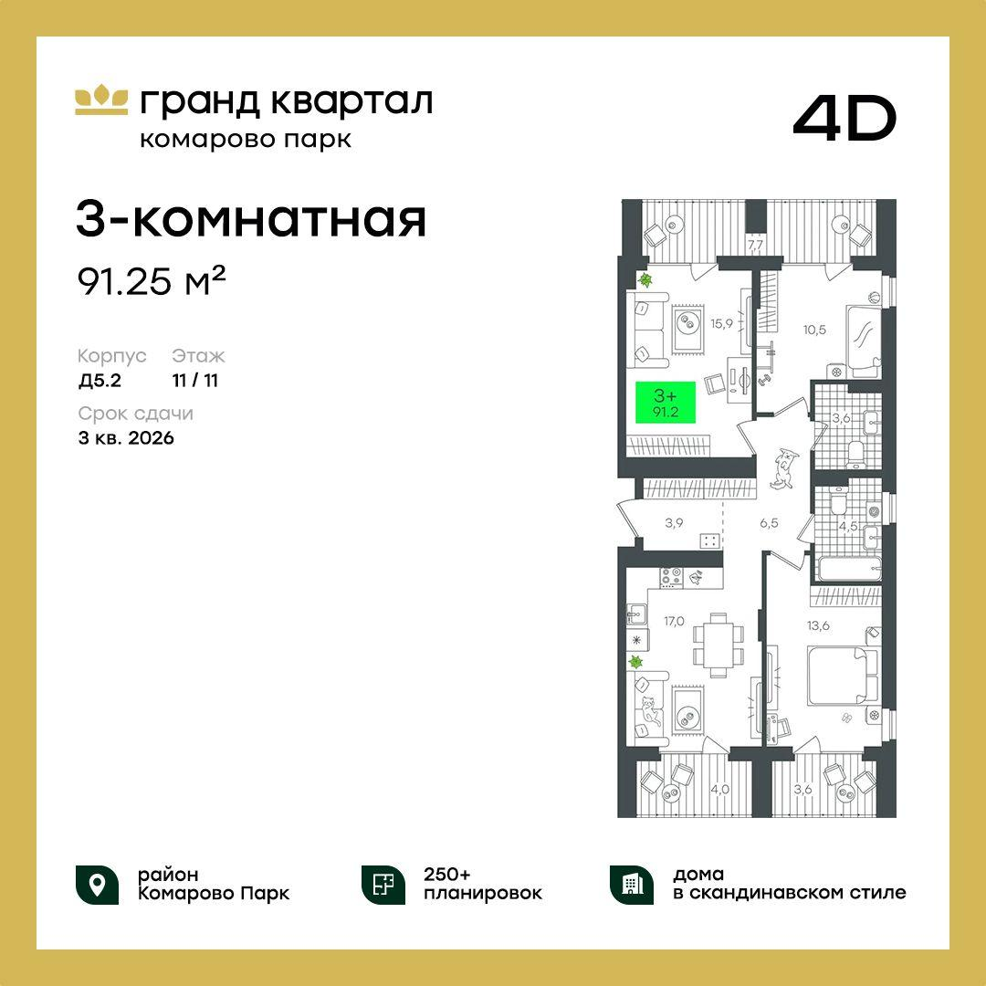 3-комнатная 91 м2 в ЖК Гранд Квартал корпус null этаж 11