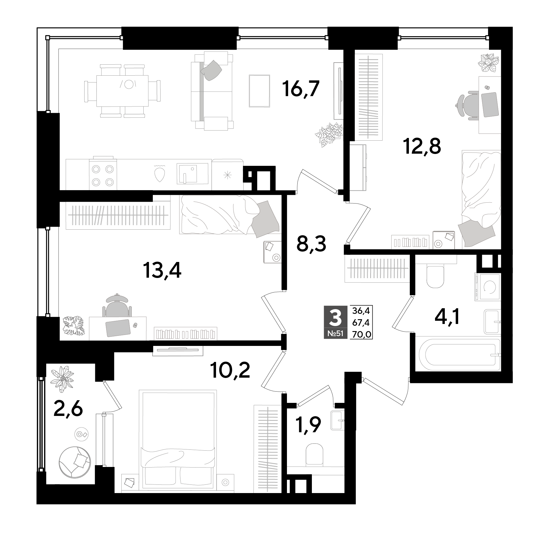 3-комнатная 70 м2 в ЖК Догма Парк корпус null этаж 8