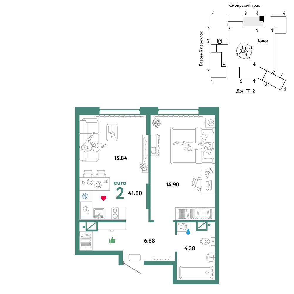 2-комнатная 41 м2 в ЖК Сибирский сад корпус null этаж 4