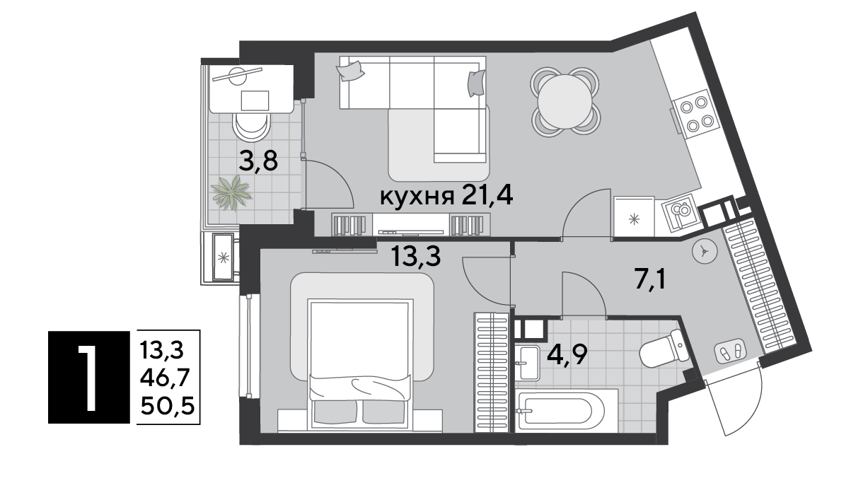 1-комнатная 51 м2 в ЖК Парк Победы 2 корпус null этаж 3