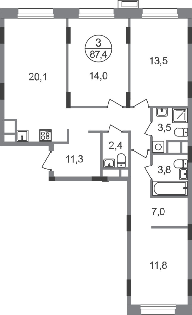3-комнатная 87 м2 в ЖК Резиденции Сколково корпус null этаж 8