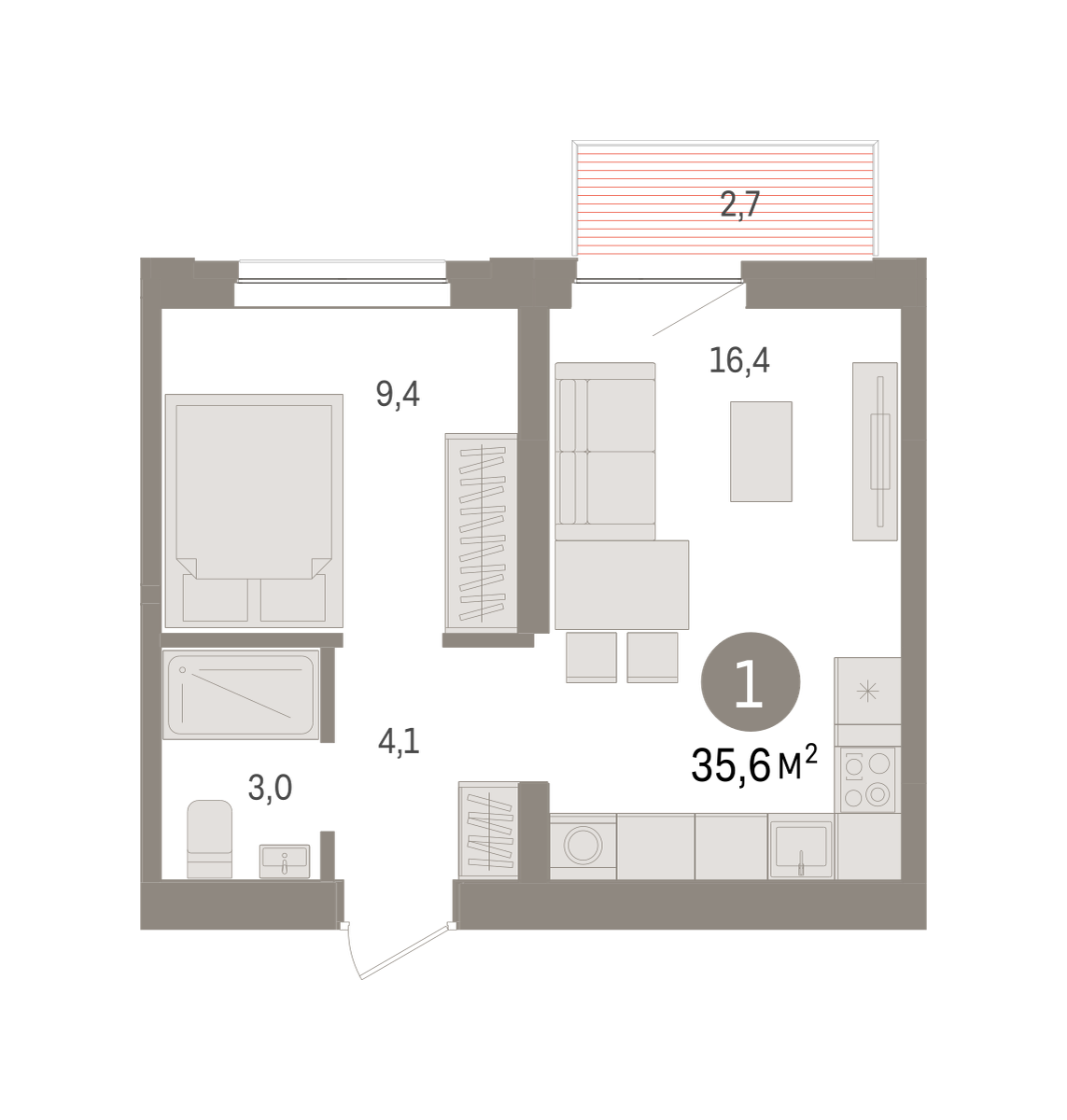 1-комнатная 35 м2 в ЖК Речной порт корпус null этаж 7