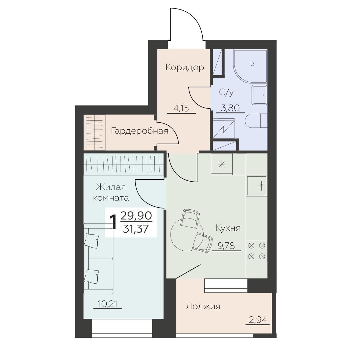 1-комнатная 31 м2 в ЖК Заря корпус null этаж 5