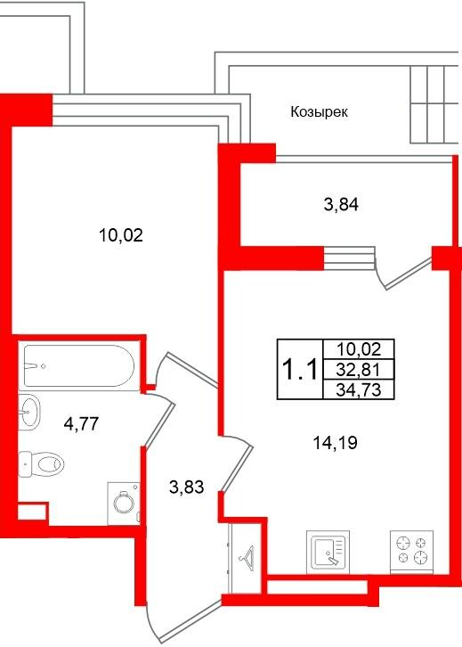 1-комнатная 32 м2 в ЖК Титул в Московском корпус null этаж 1
