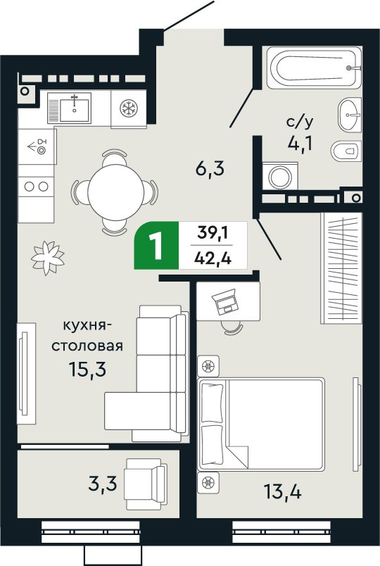 1-комнатная 42 м2 в ЖК Green Park корпус null этаж 9