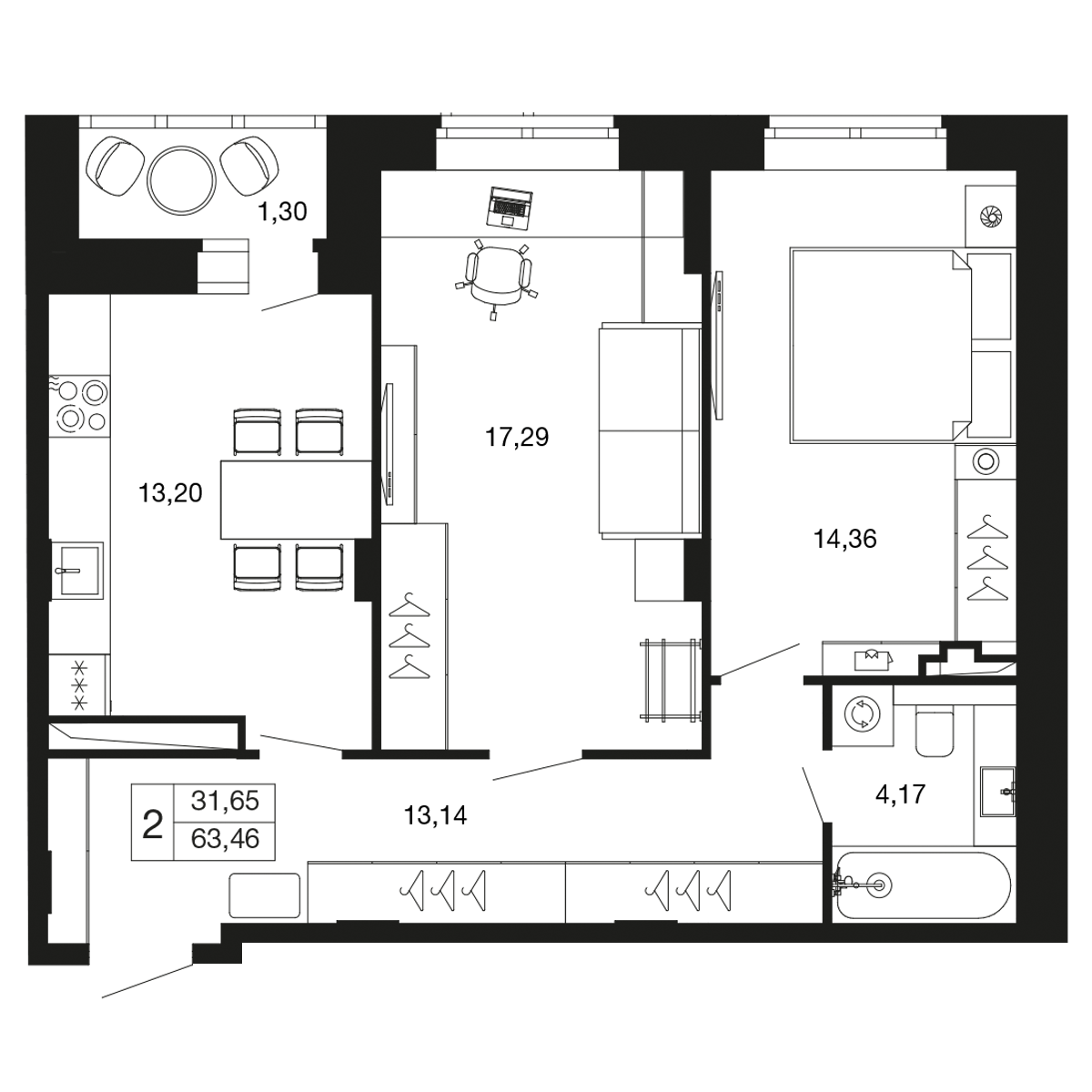 2-комнатная 63 м2 в ЖК Времена года корпус null этаж 5