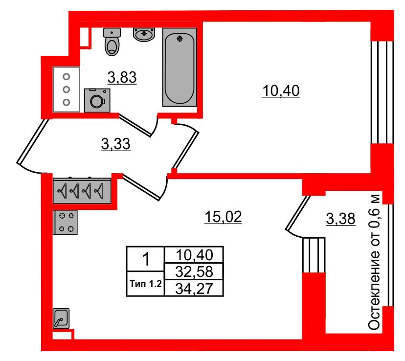 1-комнатная 32 м2 в ЖК Setl Ривьера корпус null этаж 10
