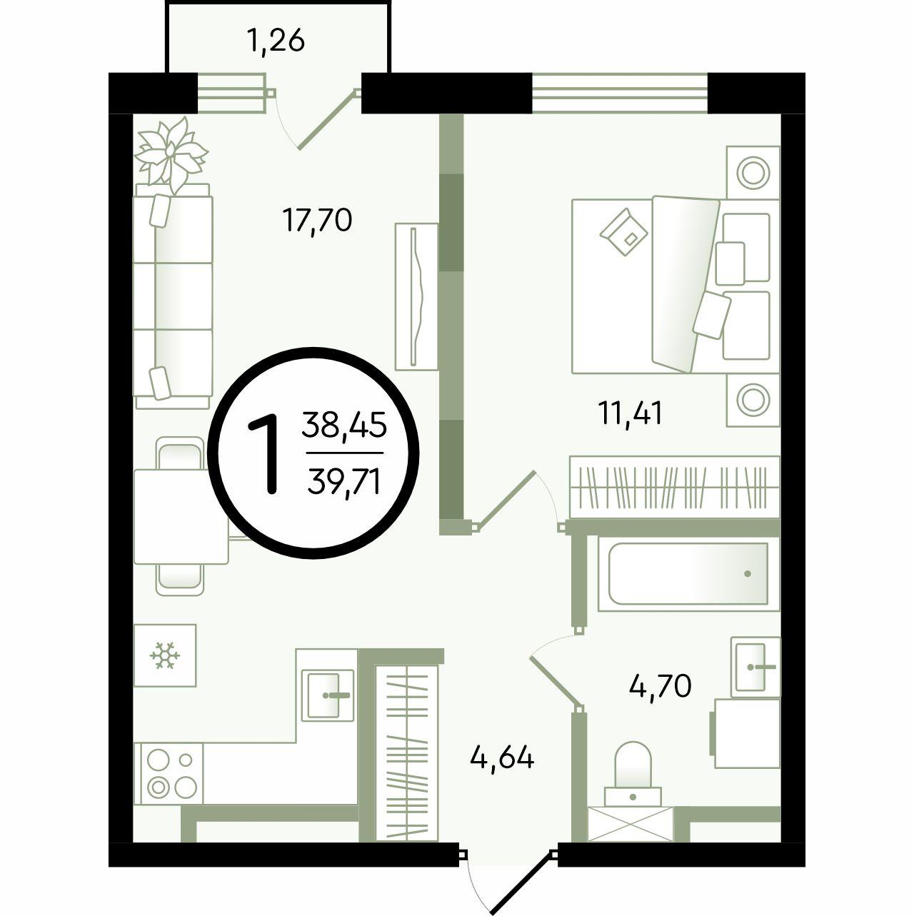 1-комнатная 39 м2 в ЖК Зеленые Аллеи корпус null этаж 4
