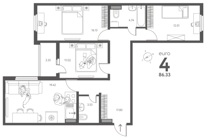 4-комнатная 86.3 м2 в ЖК undefined корпус null этаж 8