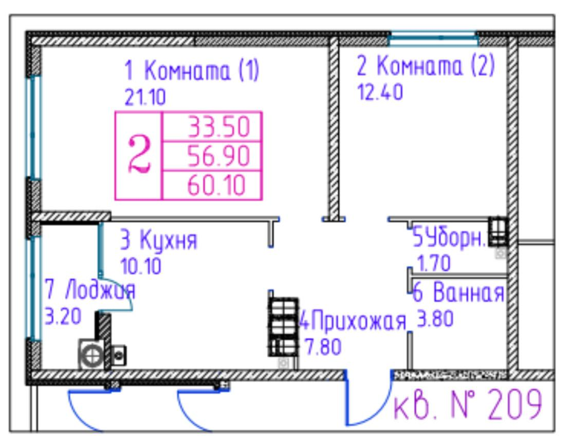 2-комнатная 60.1 м2 в ЖК undefined корпус null этаж 7