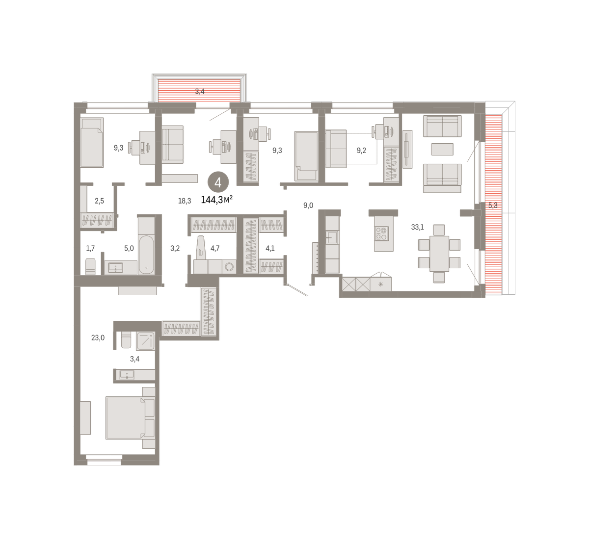 4-комнатная 144 м2 в ЖК Квартал Нефть корпус null этаж 9