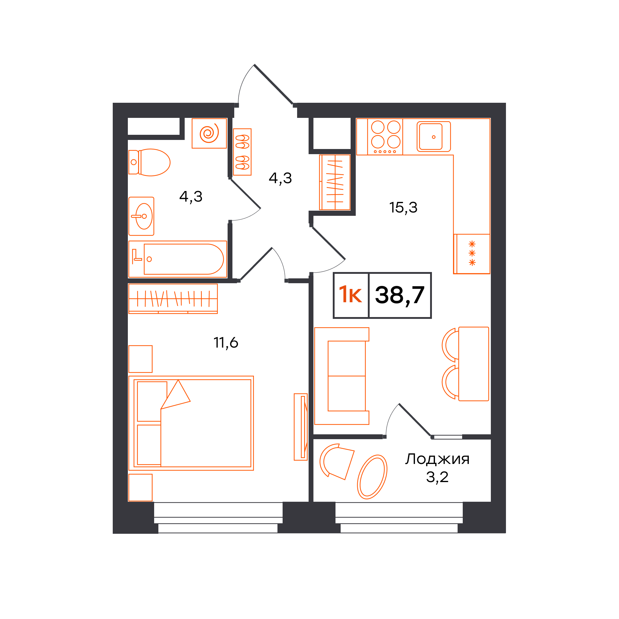 1-комнатная 38 м2 в ЖК Отличие корпус null этаж 6