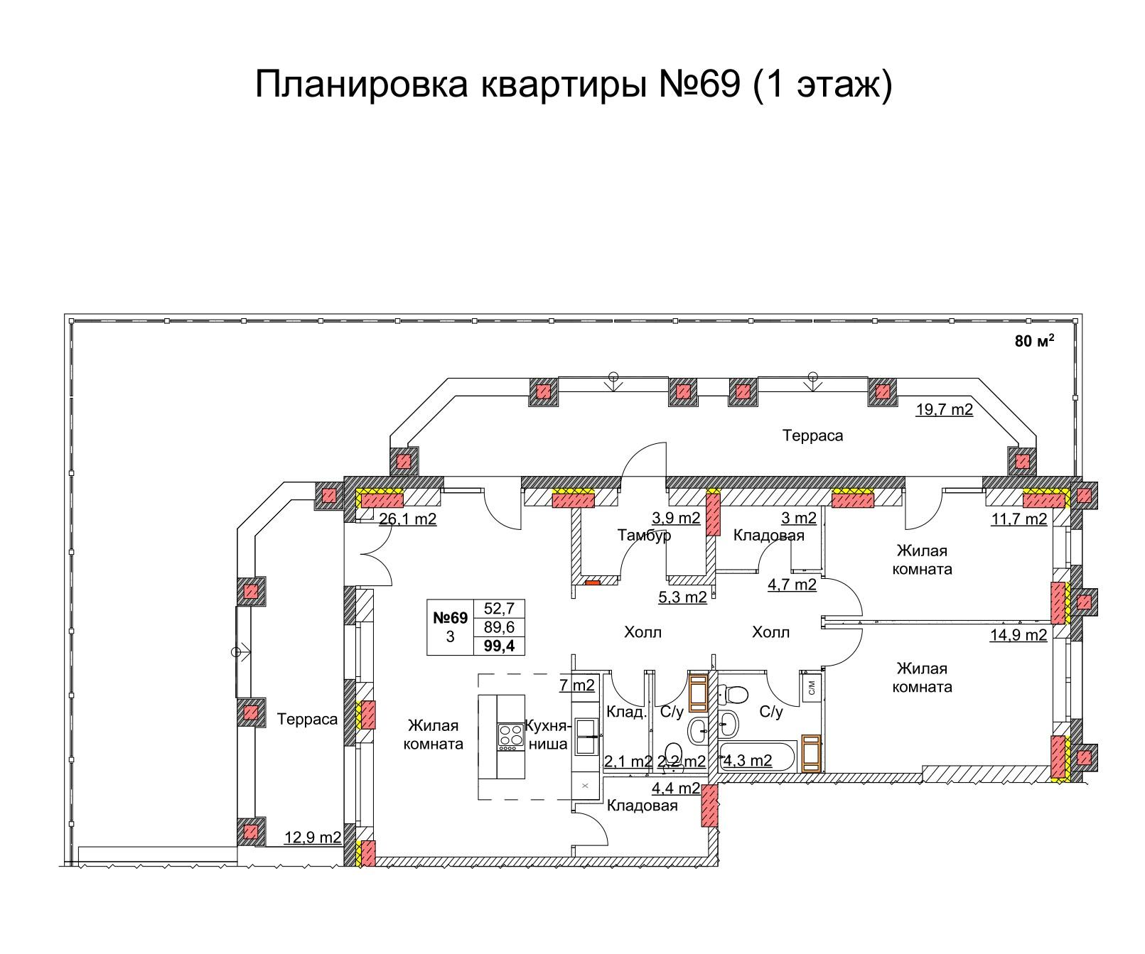 3-комнатная 101 м2 в ЖК Клюквенный корпус null этаж 1