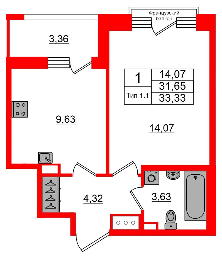 1-комнатная 31 м2 в ЖК Setl Ривьера корпус null этаж 4