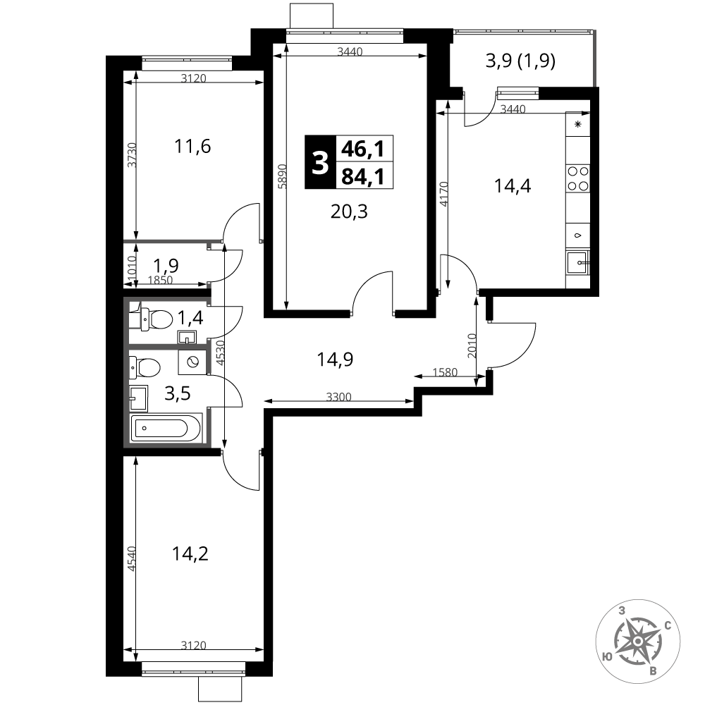 3-комнатная 84 м2 в ЖК 1-й Южный корпус null этаж 22