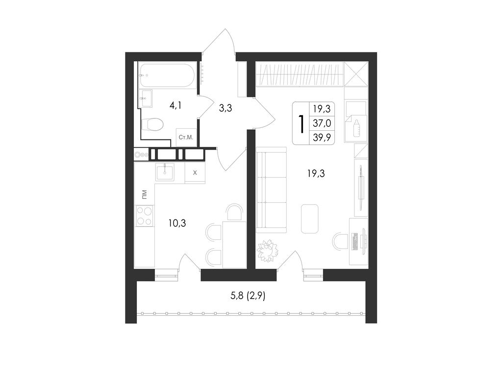 1-комнатная 39 м2 в ЖК Май корпус null этаж 15