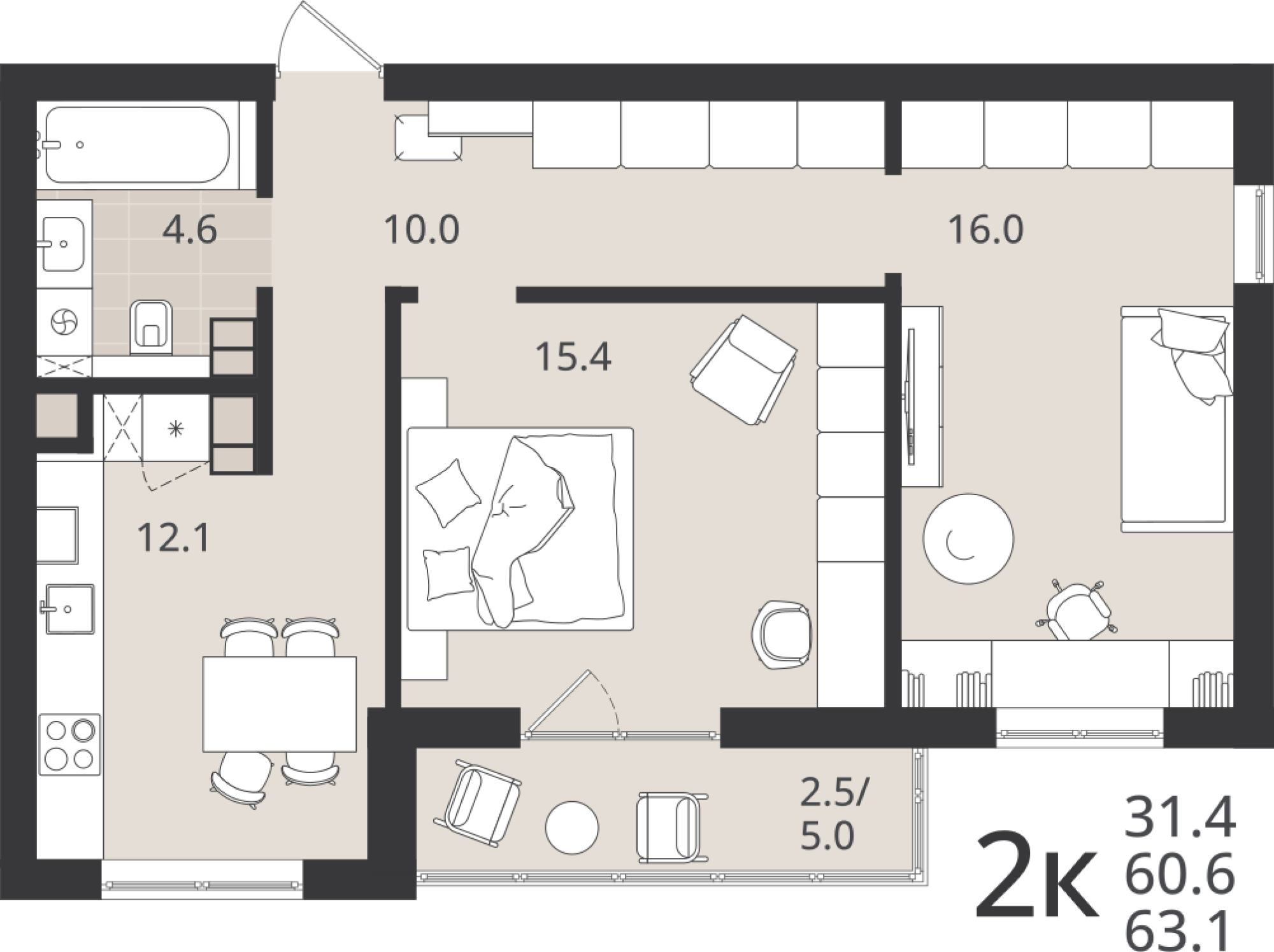 2-комнатная 60 м2 в ЖК Луччи корпус null этаж 7