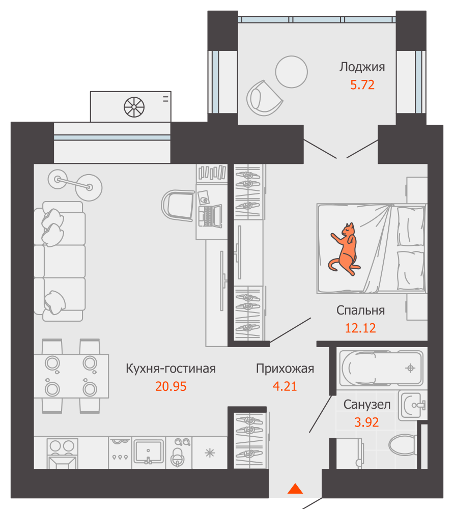 2-комнатная 44 м2 в ЖК Зарядное корпус null этаж 3