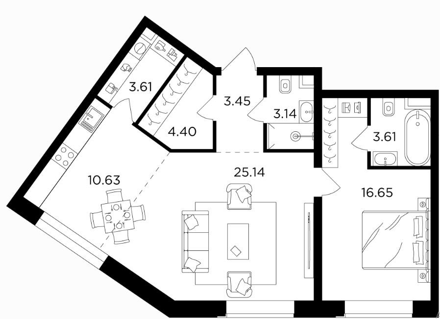 2-комнатная 70.6 м2 в ЖК undefined корпус null этаж 3