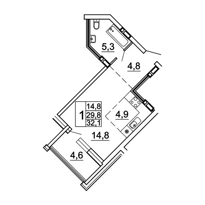 1-комнатная 32 м2 в ЖК Сингапур корпус null этаж 7