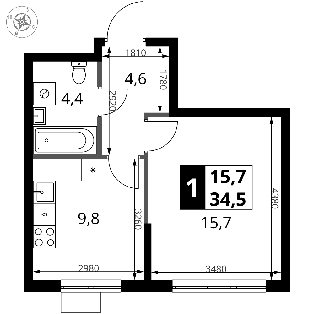 1-комнатная 34 м2 в ЖК 1-й Ясеневский корпус null этаж 12