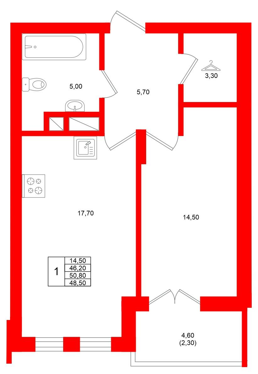 1-комнатная 48 м2 в ЖК Фридланд корпус null этаж 4