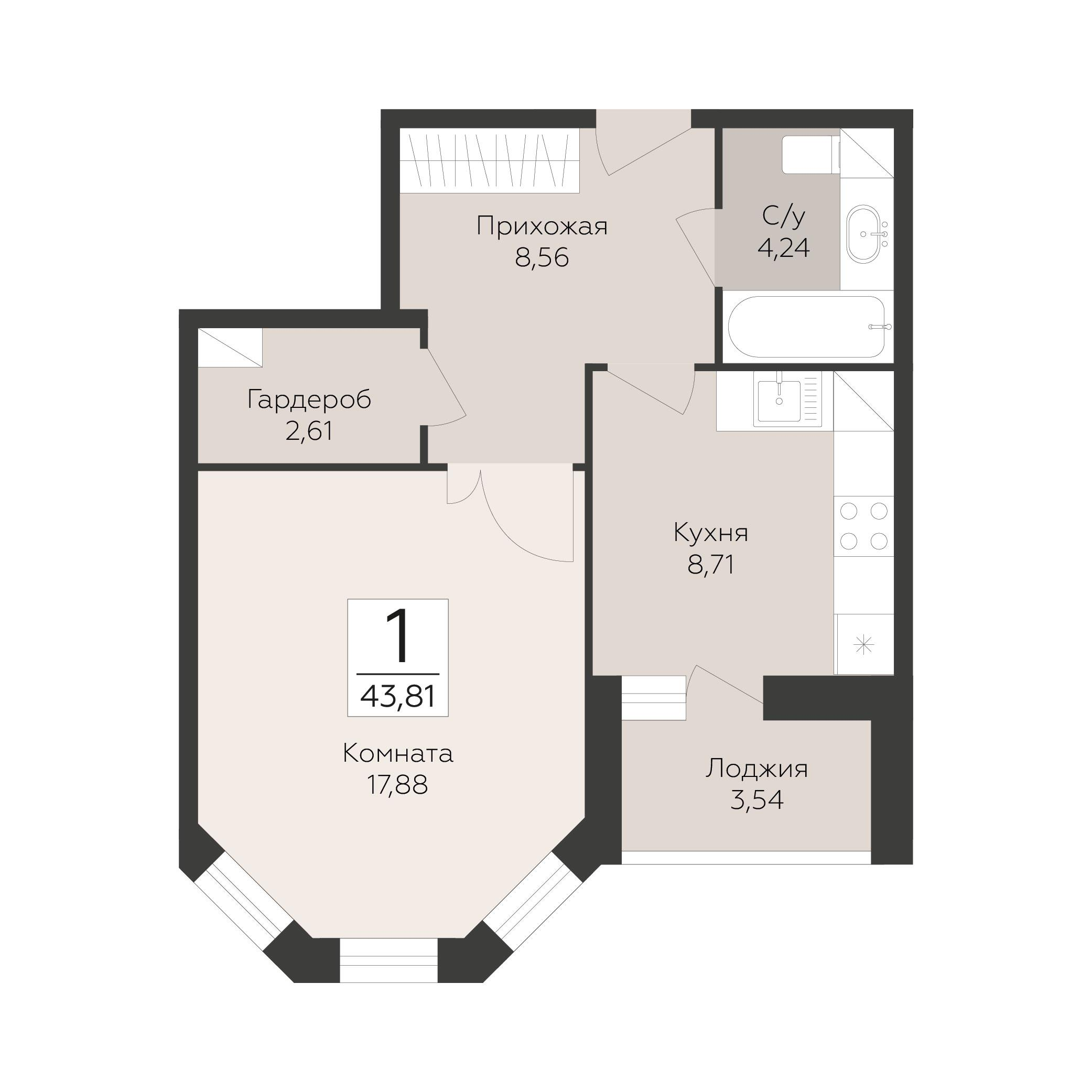 1-комнатная 43 м2 в ЖК Пахра Сити корпус null этаж 7