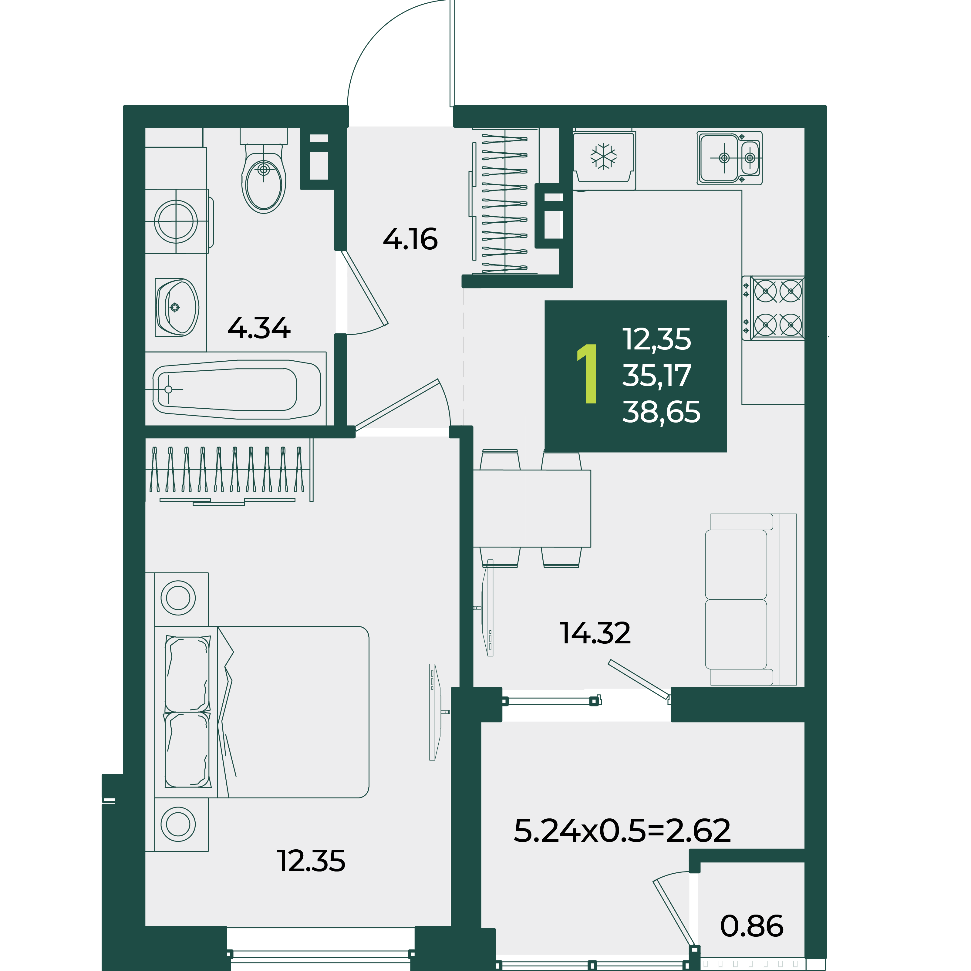 1-комнатная 38 м2 в ЖК Образцово корпус null этаж 5