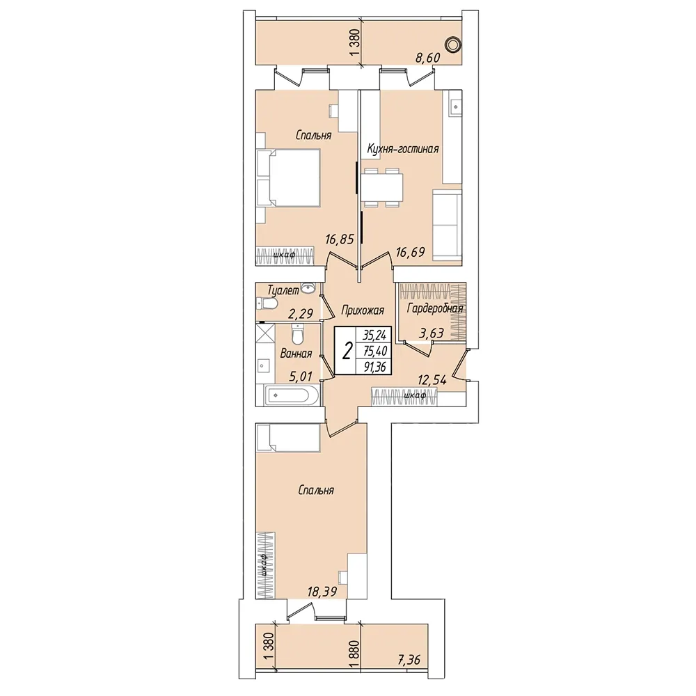2-комнатная 91 м2 в ЖК «Мирный» поз. 27 корпус null этаж 1