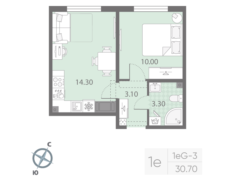 1-комнатная 30 м2 в ЖК Ручьи (2 оч.) корпус null этаж 14