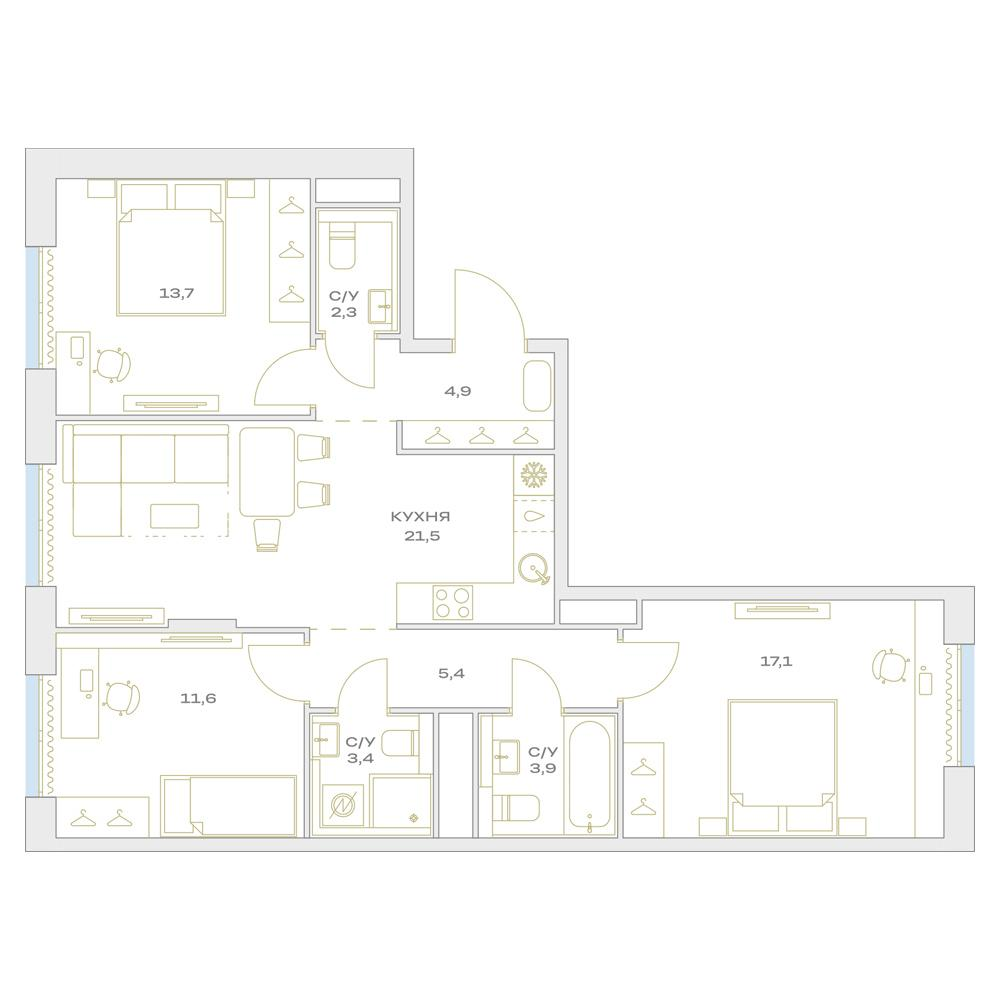 4-комнатная 83 м2 в ЖК Детали корпус null этаж 8
