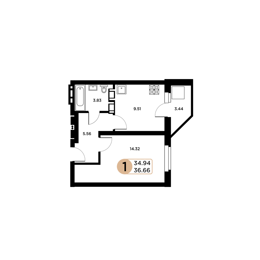 1-комнатная 37 м2 в ЖК Московский корпус null этаж 14