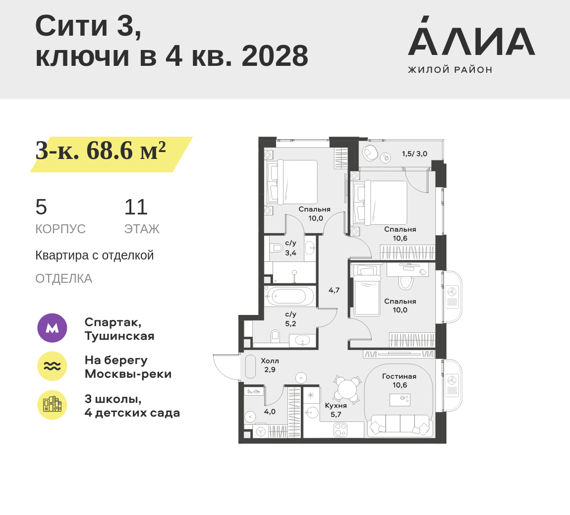 3-комнатная 68 м2 в ЖК АЛИА корпус null этаж 11