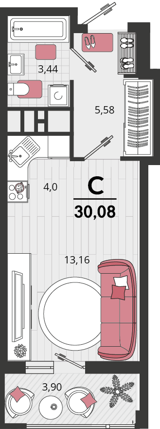 1-комнатная 30 м2 в ЖК Родные просторы корпус null этаж 14