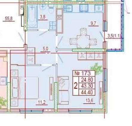2-комнатная 43.3 м2 в ЖК undefined корпус null этаж 22