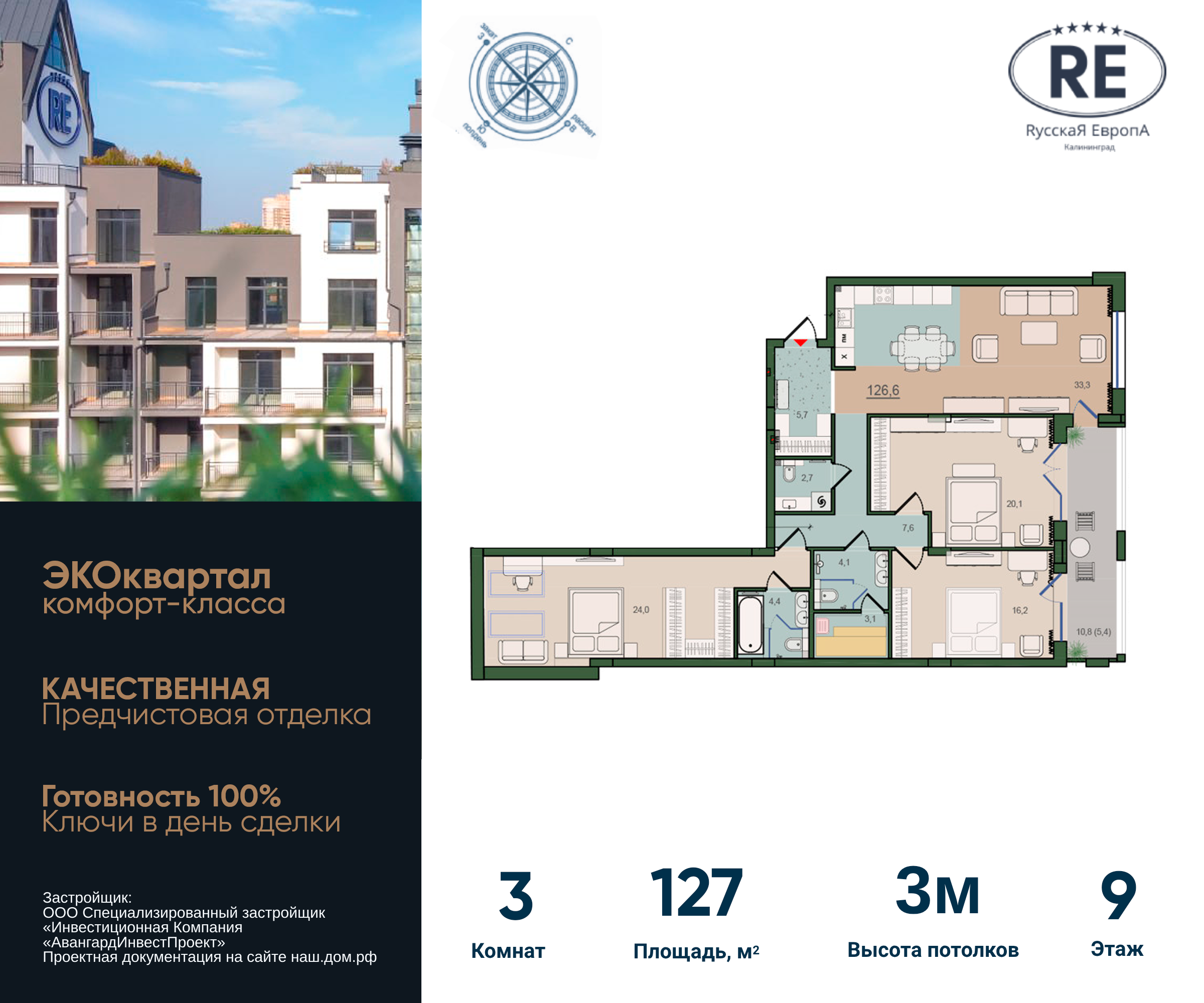 3-комнатная 127 м2 в ЖК Адрес Счастья корпус null этаж 9