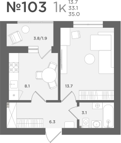 1-комнатная 33 м2 в ЖК МС18 корпус null этаж 1