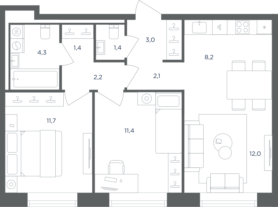 3-комнатная 57 м2 в ЖК Равновесие корпус null этаж 3