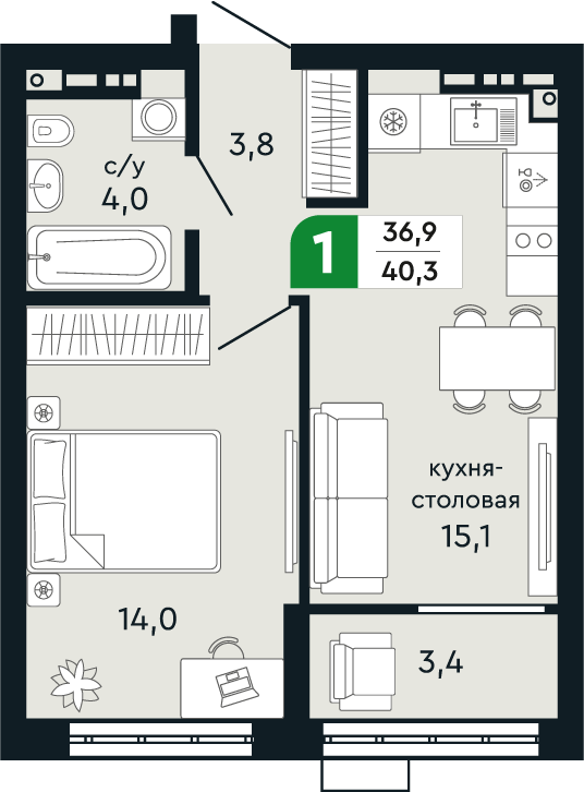 1-комнатная 40 м2 в ЖК Green Park корпус null этаж 8