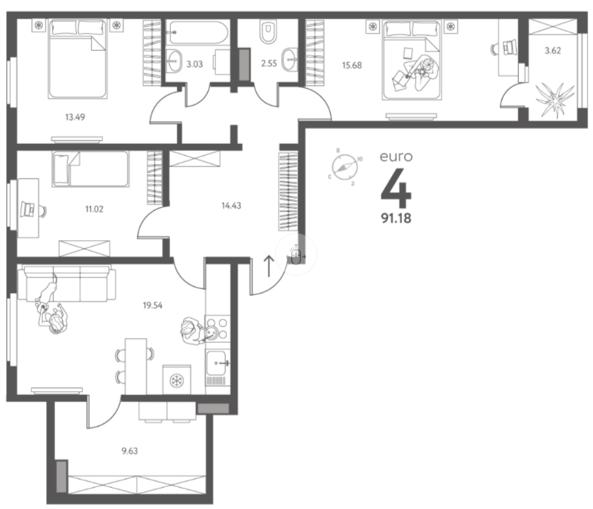 4-комнатная 91.2 м2 в ЖК undefined корпус null этаж 13