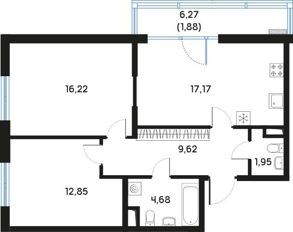 2-комнатная 65 м2 в ЖК Регенбоген корпус null этаж 2