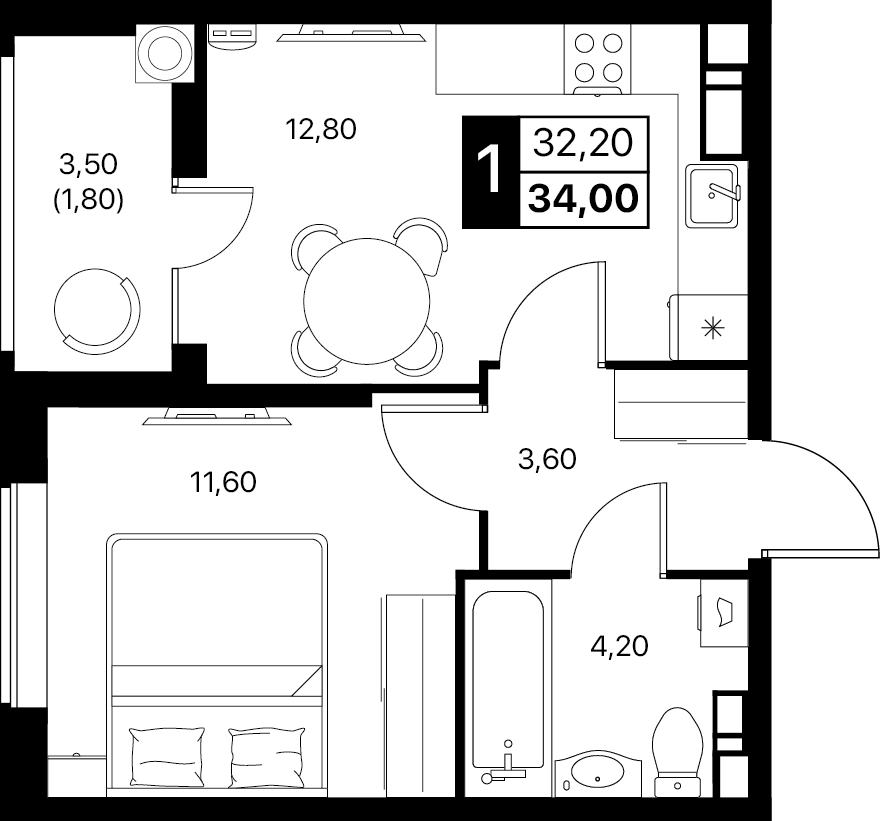 1-комнатная 34 м2 в ЖК Эстет корпус null этаж 10