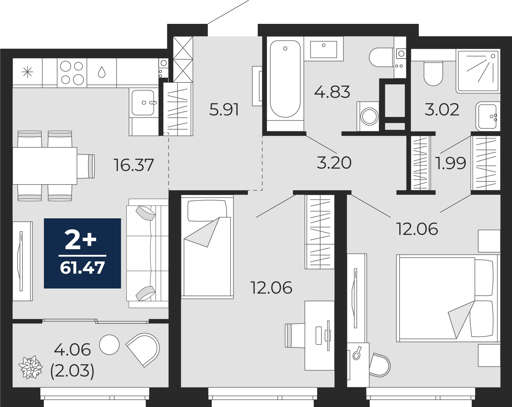 2-комнатная 59 м2 в ЖК Прео корпус null этаж 20