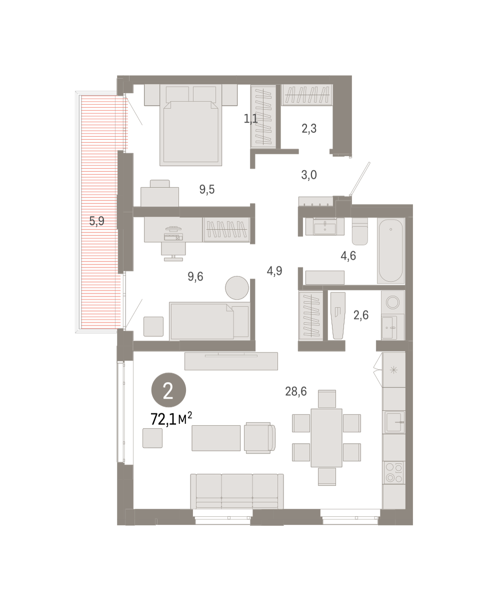 2-комнатная 72 м2 в ЖК Республики 205 корпус null этаж 7