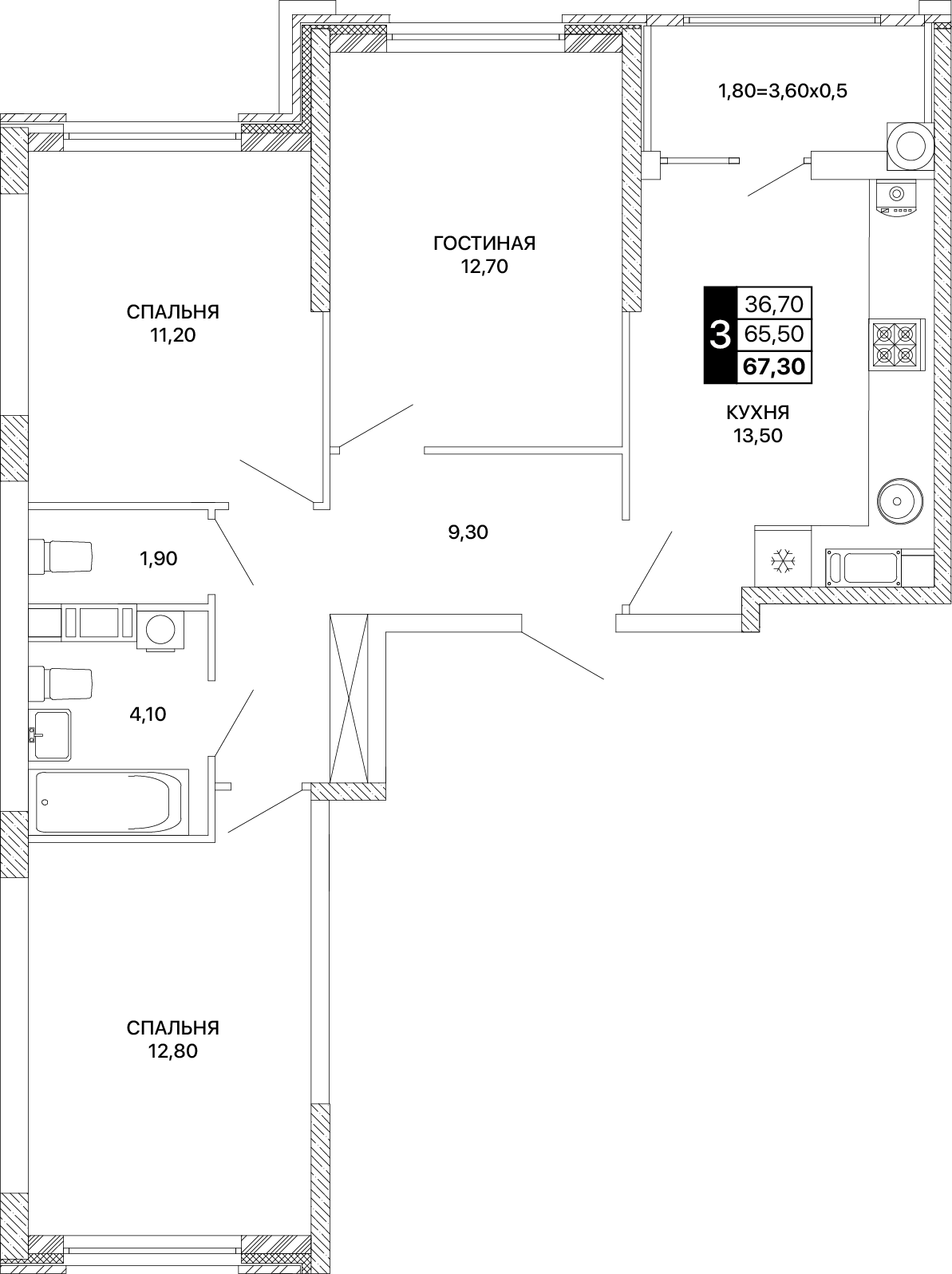 3-комнатная 67 м2 в ЖК Сияние корпус null этаж 6