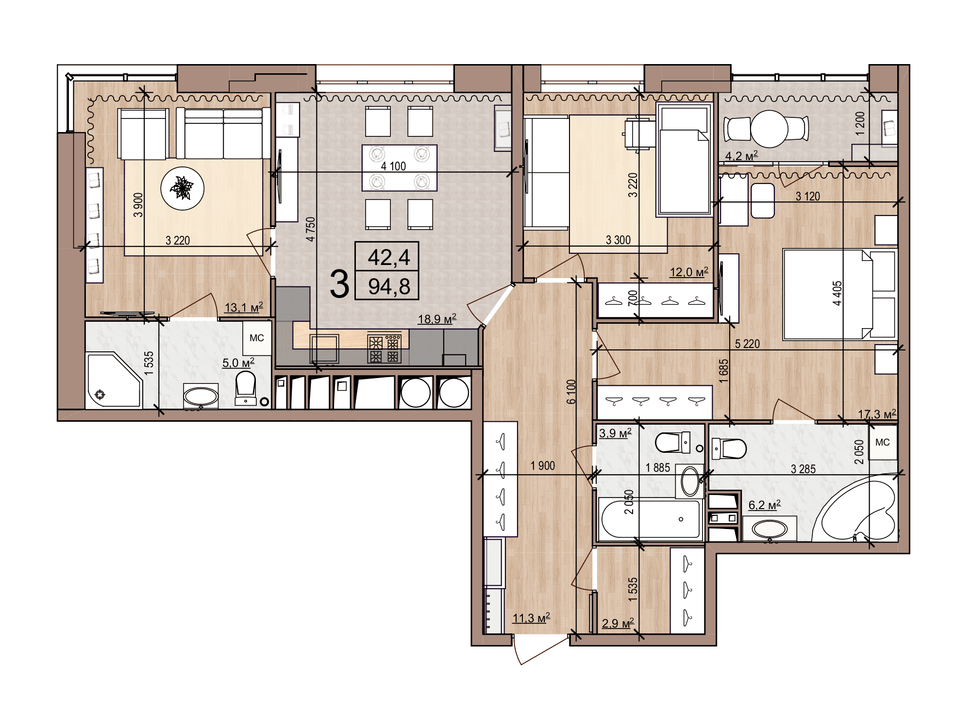 3-комнатная 94 м2 в ЖК iTower корпус null этаж 14