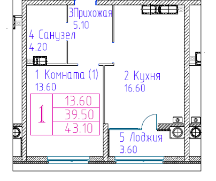 1-комнатная 39.5 м2 в ЖК undefined корпус null этаж 11