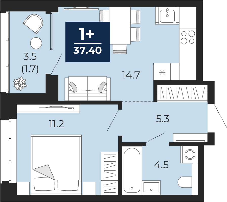1-комнатная 35 м2 в ЖК Мириады корпус null этаж 10